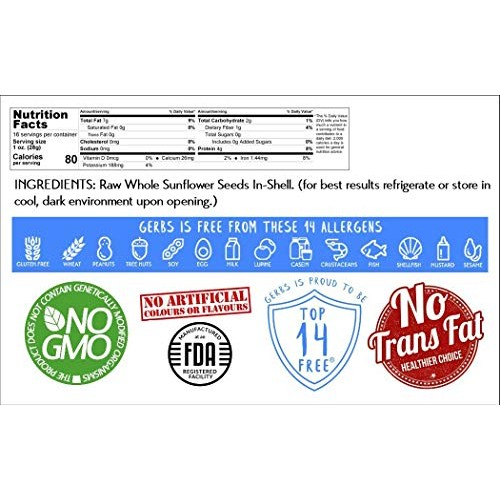 GERBS Raw Whole Sunflower Seed In Shell 1 lb., Top 14 Allergy Fr...