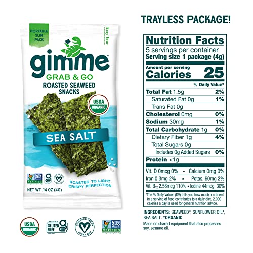 gimMe Grab & Go - Sea Salt - 5 Count - Organic Roasted Seaweed S...
