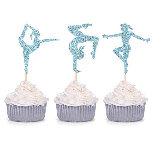 24 Blue Glitter Gymnastics Cupcake Toppers Gymnast Girl Birthday