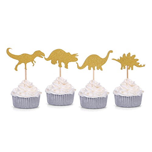 24 Counts Gold Glitter Dinosaur Cupcake Toppers Kids First Birt