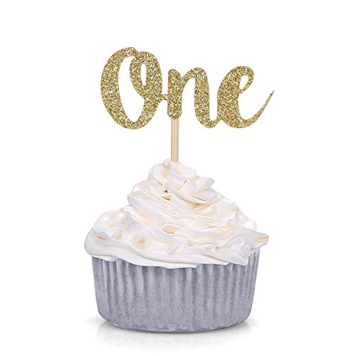 Set Of 24 Gold Glitter Number One Cupcake Toppers Kids First Bi