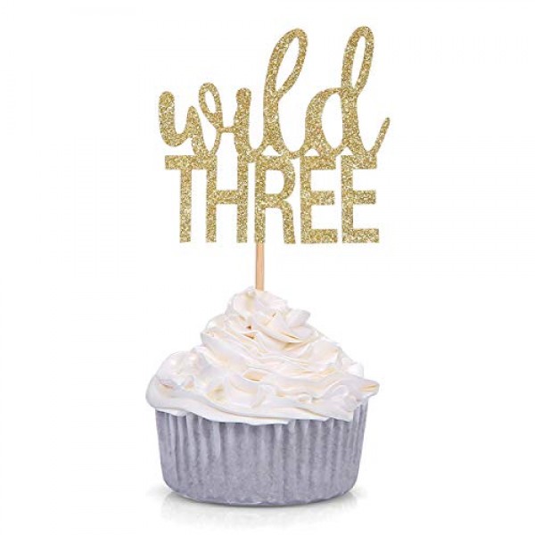 24 Counts Gold Glitter Wild Three Cupcake Toppers Kids 3rd Birt...