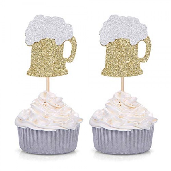 24 Ct Gold Glitter Beer Mug Cupcake Toppers Wedding Luau Bachelo