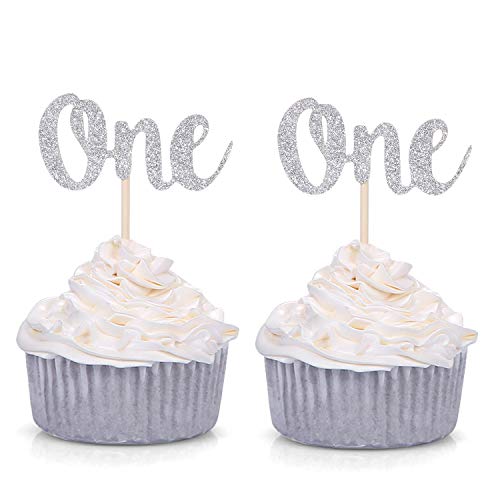 Set Of 24 Silver Glitter Number One Cupcake Toppers Kids First