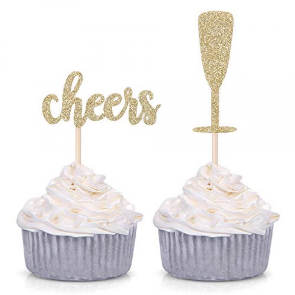 Pack Of 24 Gold Glitter Cheers And Champagne Glasses Cupcake Top