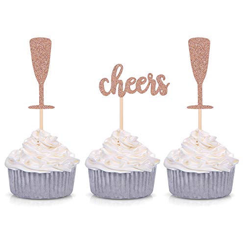 Rose Gold Glittery Cheers And Champagne Glass Cupcake Toppers Fo