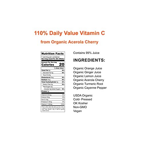 Vitamin C Booster - Organic Ginger Shot with Turmeric, Acerola C...