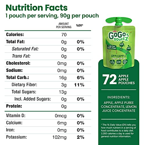 Gogo Squeez Fruit On The Go, Apple Apple, 3.2 Oz. 72 Pouches -
