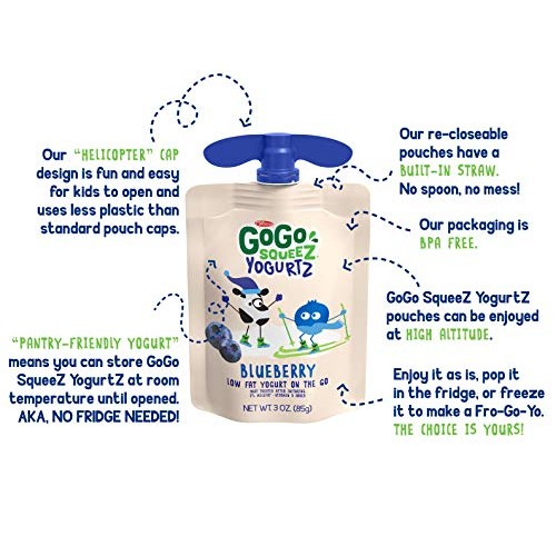Gogo Squeez Yogurtz, Blueberry, 3 Ounce 4 Pouches, Low Fat Yog