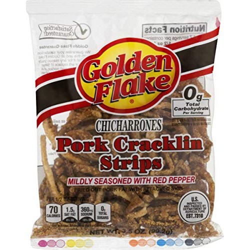 Golden Flake Fried Pork Cracklin Strips Mildly Seasoned With Red