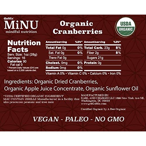 Minu Organic Cranberries 16 Oz 1 Lb Minu Mindful Nutrition, No