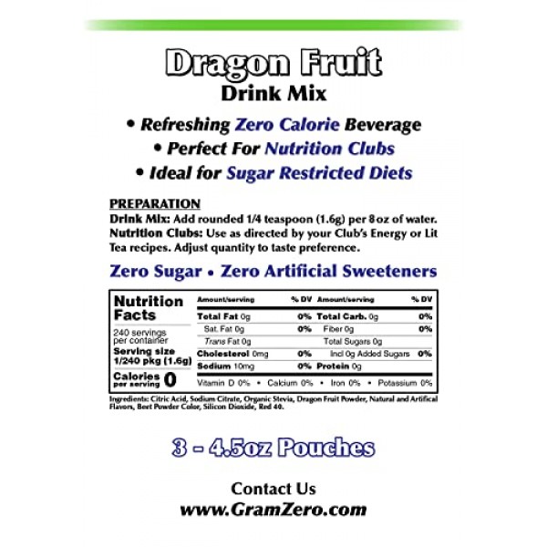 GramZero Dragon Fruit Zero Calorie Sugar Free Drink Mix, Great F...