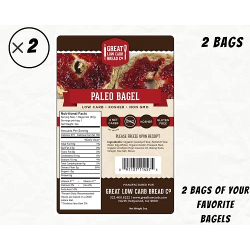 Great Low Carb Paleo Bagel 3oz Single Bagel | 2 Bags | Vegan Fri...