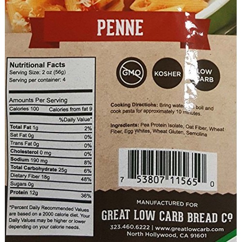 Great Low Carb Bread Company Penne Pasta, 8 Oz Bag