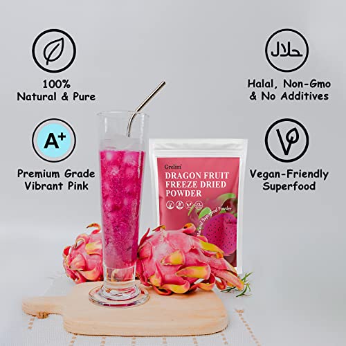 GRELIM Dragon Fruit Powder 4.23 Oz, Fresh Freeze Dried Pitaya Po...