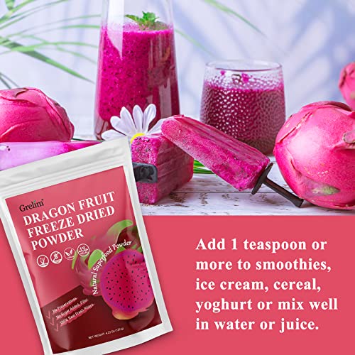 GRELIM Dragon Fruit Powder 4.23 Oz, Fresh Freeze Dried Pitaya Po...