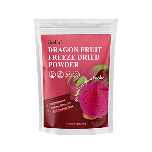 GRELIM Dragon Fruit Powder 4.23 Oz, Fresh Freeze Dried Pitaya Po...