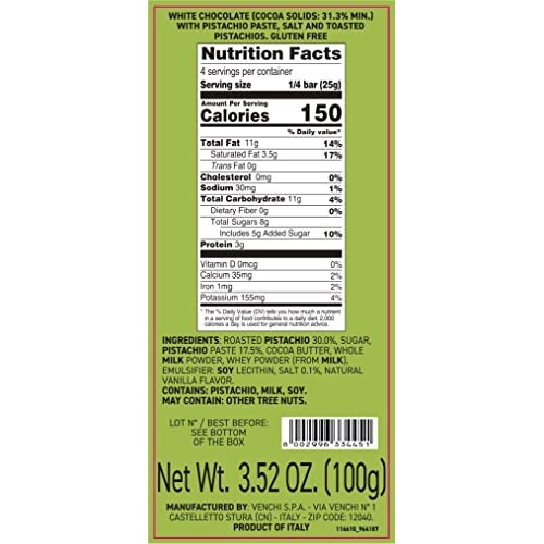 Venchi - Pistachio Gourmet Chocolate Bar - White Chocolate and P...