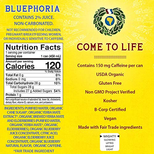 Guayaki Yerba Mate, Organic Drink, Bluephoria, 15.5 Ounce Cans