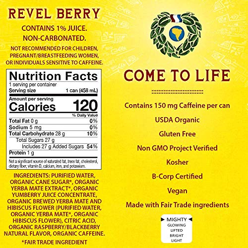 Guayaki Yerba Mate, Organic Drink, Revel Berry, 15.5 Ounce Cans