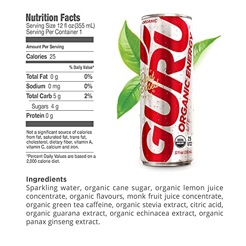Guru Lite Organic Low Sugar Energy Drink With Green Tea, 12 Ounc