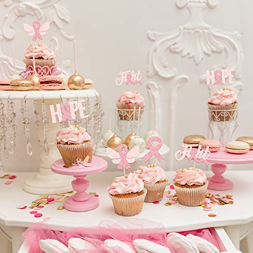 Gyufise 24Pcs Breast Cancer Awareness Cupcake Toppers Glitter Pi...