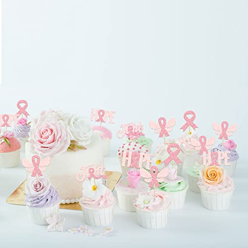 Gyufise 24Pcs Breast Cancer Awareness Cupcake Toppers Glitter Pi...