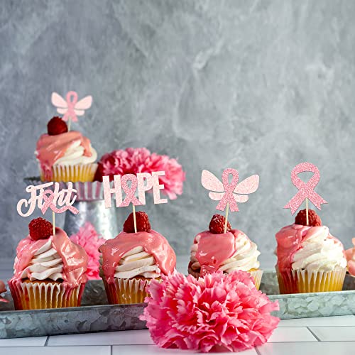 Gyufise 24Pcs Breast Cancer Awareness Cupcake Toppers Glitter Pi...