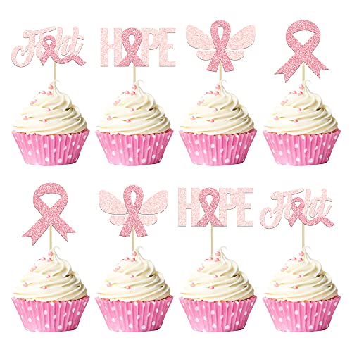 Gyufise 24Pcs Breast Cancer Awareness Cupcake Toppers Glitter Pi...