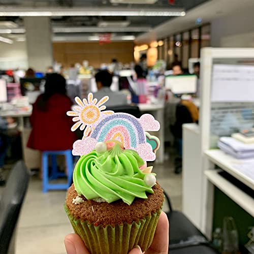 Gyufise 24Pcs Rainbow Clouds Cupcake Toppers Glitter Sun Rainbow