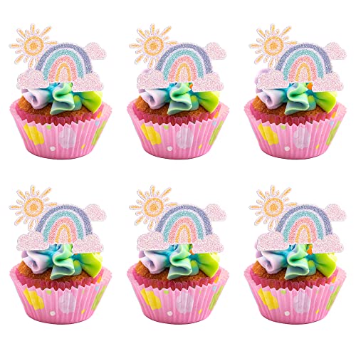 Gyufise 24Pcs Rainbow Clouds Cupcake Toppers Glitter Sun Rainbow
