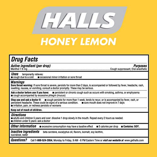 Halls Sugar Free Honey Lemon Flavor Cough Drops, 1 Bag 180 Tota