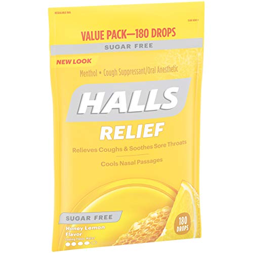 Halls Sugar Free Honey Lemon Flavor Cough Drops, 1 Bag 180 Tota