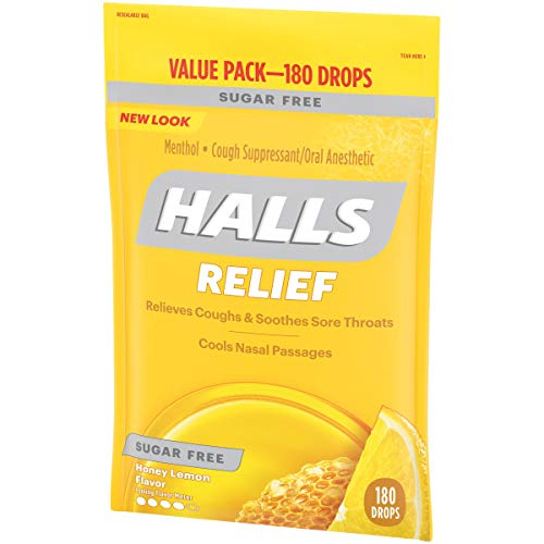 Halls Sugar Free Honey Lemon Flavor Cough Drops, 1 Bag 180 Tota