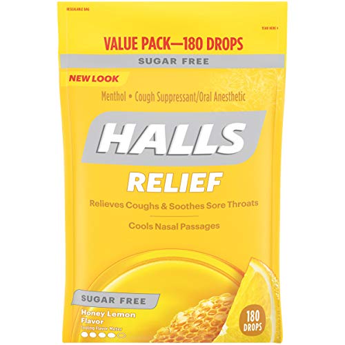 Halls Sugar Free Honey Lemon Flavor Cough Drops, 1 Bag 180 Tota