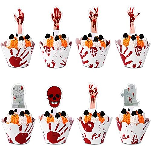 40 Pcs Halloween Cupcake Toppers Set Including 40 Pcs Bloody Zom