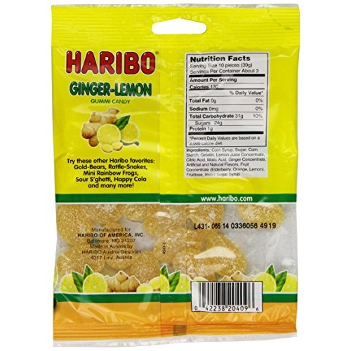 Haribo Gummi Candy, Ginger-Lemon, 4 Oz. Bag Pack Of 12