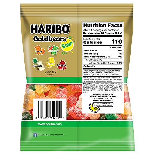 Haribo Gummi Candy, Goldbears Gummi Candy, Sour, 4.5 Oz. Bag Pa