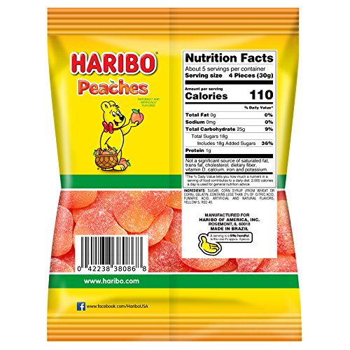 Haribo Gummi Candy, Peaches, 5 Oz. Bag Pack Of 12