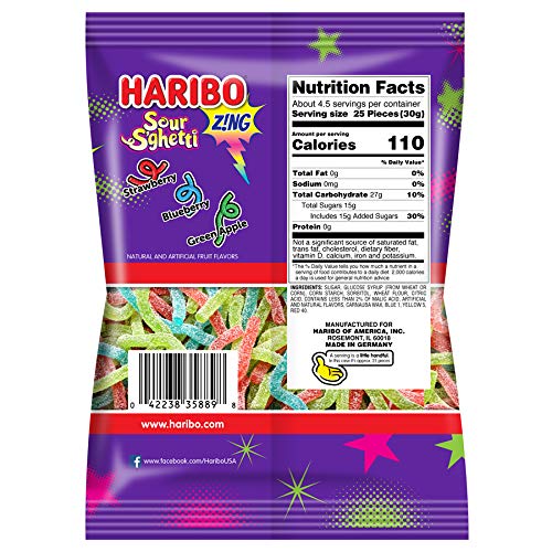 Haribo Gummi Candy, Z!Ng Sour Sghetti, 5-Ounce Bags Pack Of 12