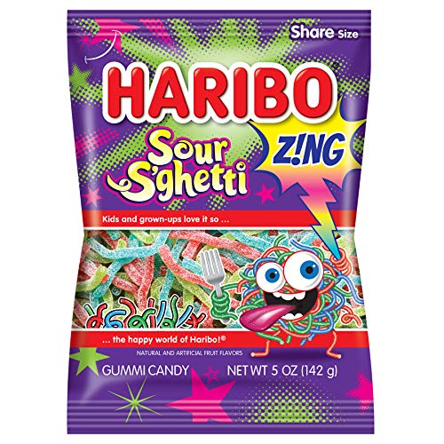 Haribo Gummi Candy, Z!Ng Sour Sghetti, 5-Ounce Bags Pack Of 12