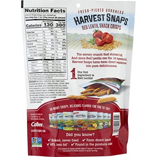 Harvest Snaps Red Lentil Snack Crisps Tomato Basil, 3.0 Oz Pack