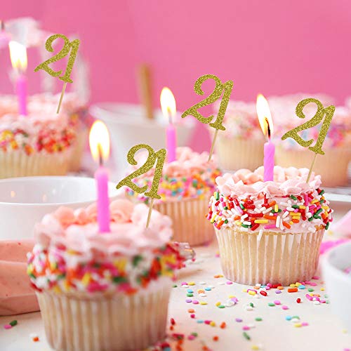 Hokpa 21St Birthday Cupcake Toppers, Gold Glitter Number 21, Adu