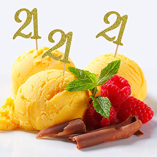 Hokpa 21St Birthday Cupcake Toppers, Gold Glitter Number 21, Adu