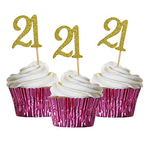 Hokpa 21St Birthday Cupcake Toppers, Gold Glitter Number 21, Adu