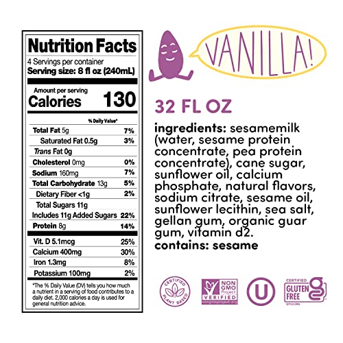 Hope and Sesame Vanilla Sesame Milk 32oz carton, 6-pack |Non G...