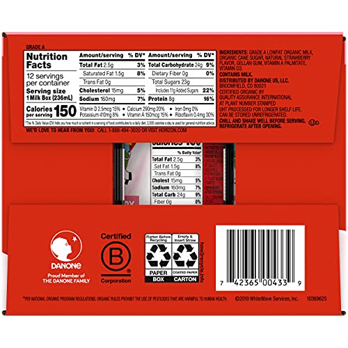 Horizon Organic Low Fat Organic Milk Box, Strawberry, 8 Ounce P