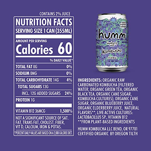 Humm Probiotic Kombucha Blueberry Mint - 2 Billion Probiotics Fo