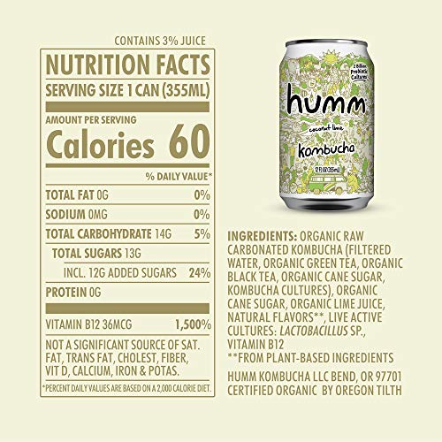 Humm Probiotic Kombucha Coconut Lime - 2 Billion Probiotics. Org