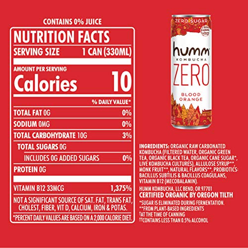 Humm Probiotic Kombucha Zero Sugar Blood Orange - No Refrigerati